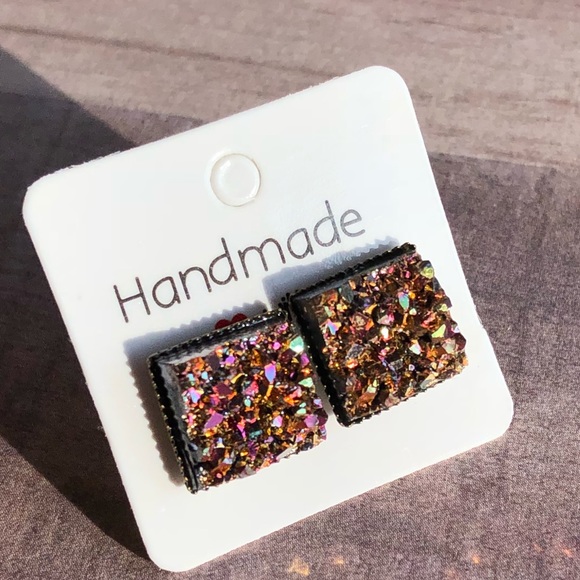 Copper Magenta Chunky Druzy Square Bronze Earrings - Picture 4 of 11